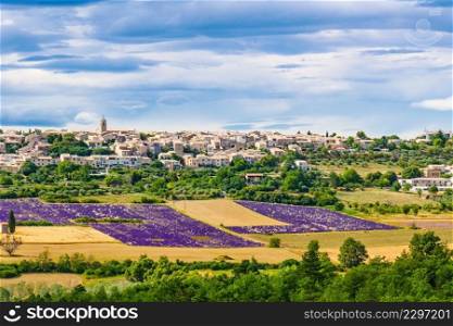 Hilltop Puimoisson village in France. Summer Provence landscape with purple lavender fields. Plateau Valensole, Alpes de Haute Provence.. Puimoisson village in Provence France