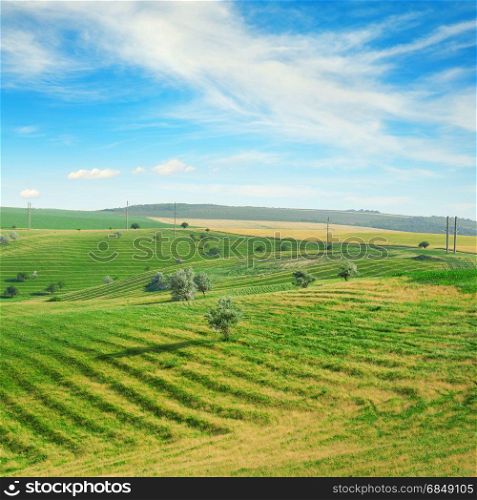 Hilly terrain with a terrace and a blue sky with clouds.
