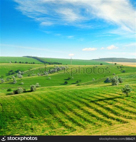 Hilly terrain with a terrace and a blue sky with white clouds.
