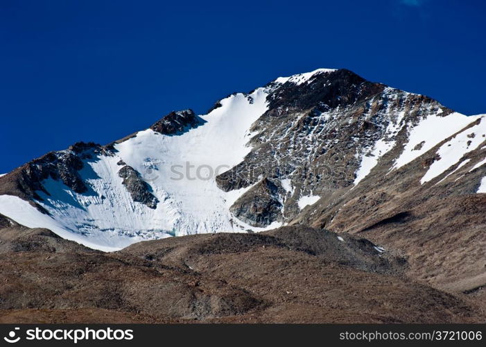 Himalaya high mountain landscape panorama with blue sky. India, Ladakh Morning at Tso Moriri Lake, altitude 4600 m.