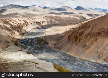 Himalaya high mountain landscape. Rock and sand formation along the Sumkhel Lungpa River. India, Ladakh, More Plain, Manali-Leh highway view, altitude 4600 m