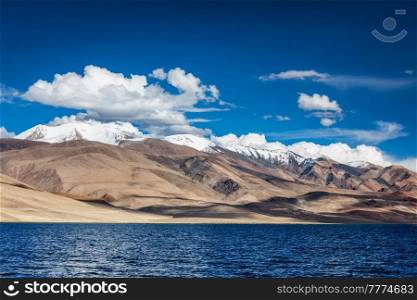 Himalayan lake Tso Moriri (fficial name: Tsomoriri Wetland Conservation Reserve), Korzok, Changthang area, Ladakh, Jammu and Kashmir, India. Lake Tso Moriri in Himalayas. Ladakh, Inda