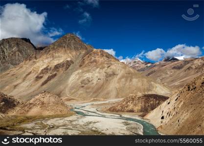 Himalayan landscape in Himalayas near Baralacha La pass. Himachal Pradesh, India