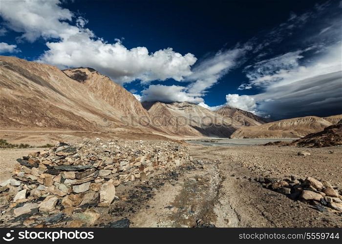 Himalayan landscape in Nubra valley in Himalayas. Ladakh, India