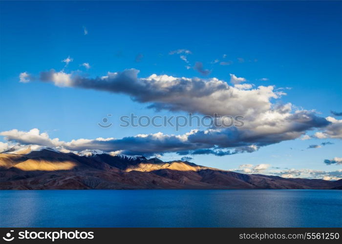 Himalayan mountain lake in Himalayas Tso Moriri on sunset, Korzok, Ladakh, India