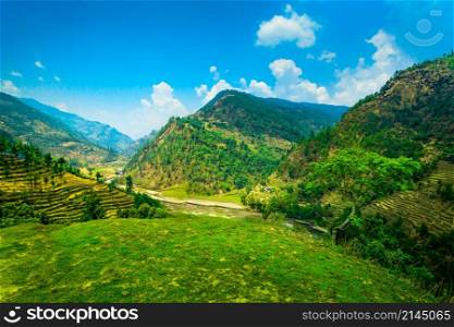Himalayan mountains and rice field, Nepal. Himalayan mountains