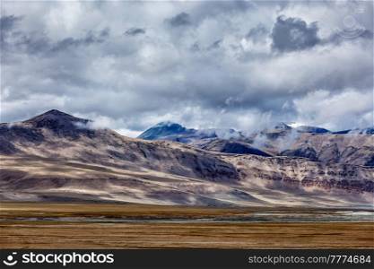 Himalayan scenic landscape scenery near Tso Kar - fluctuating salt lake in Himalayas. Rapshu, Ladakh, Jammu and Kashmir, India. Tso Kar - fluctuating salt lake in Himalayas