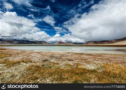 Himalayan scenic landscape scenery near Tso Kar - fluctuating salt lake in Himalayas. Rapshu, Ladakh, Jammu and Kashmir, India. Tso Kar - fluctuating salt lake in Himalayas
