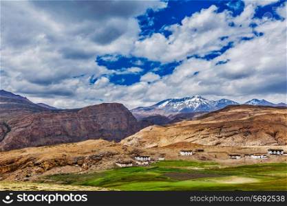Himalayan village in Himalayas mountains. Spiti valley, Himachal Pradesh, India