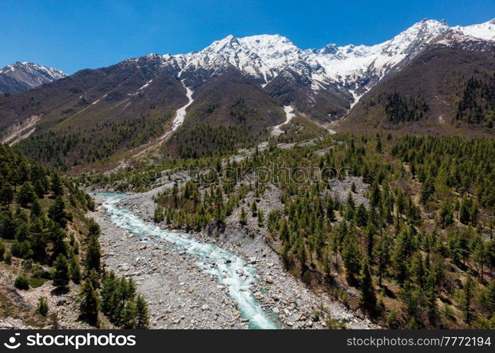 Himalayas and Baspa River. Sangla valley, Himachal Pradesh, India. Baspa river in Himalayas