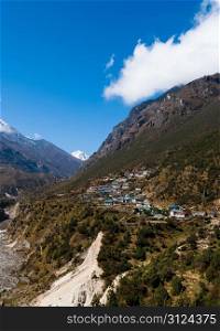 Himalayas Landscape: highland village and mountains. Travel to Nepal