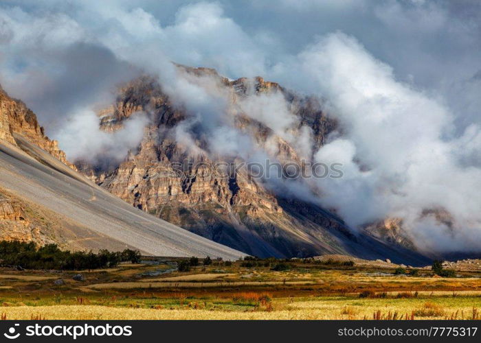 Himalayas mountains in clouds in Spiti Valley, Himachal Pradesh, India. Spiti Valley, Himachal Pradesh, India