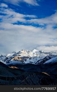 Himalayas snowcapped summit mountains in snow. Near Dhankar, Spiti Valley, Himachal Pradesh, India. Himalayas mountains in snow