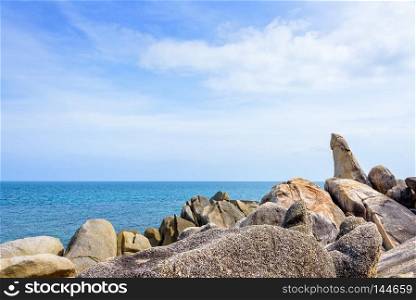 Hin Ta Hin Yai is a symbol famous tourist destinations, Beautiful rock coastline near the blue sea under the summer sky at Lamai beach of Koh Samui island, Surat Thani province, Thailand. Hin Ta Hin Yai symbol of Koh Samui