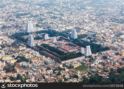 Hindu temple and indian city aerial view. Arulmigu Arunachaleswarar Temple, Tiruvannamalai, Tamil Nadu, India