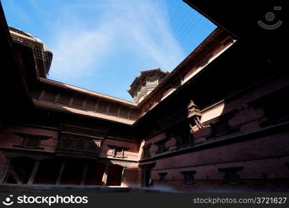 Hindu temple architecture. Carved wooden old Royal Palace. Nepal, Kathmandu, Durbar Square, Hanuman Dhoka
