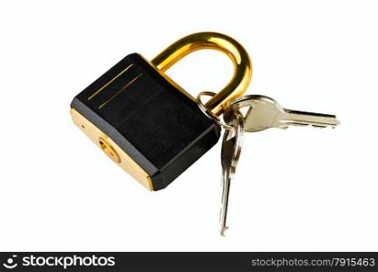 hinged lock with keys on white background