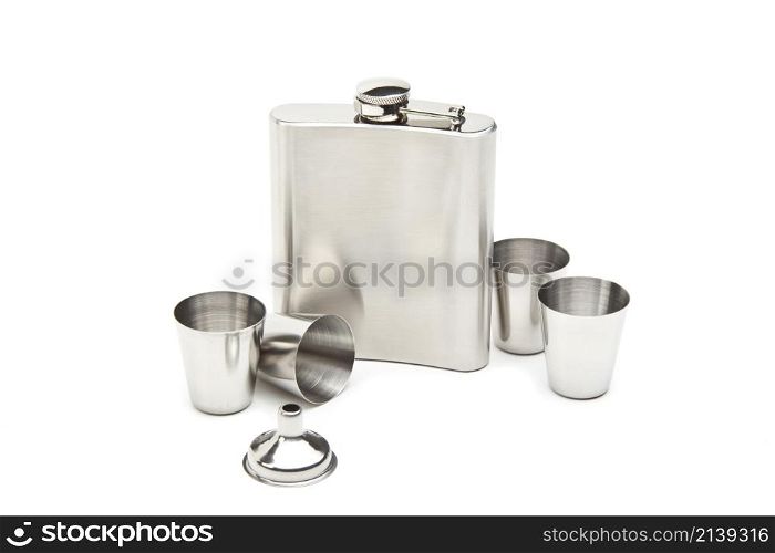 Hip flask and cups with white background. Hip flask and cups