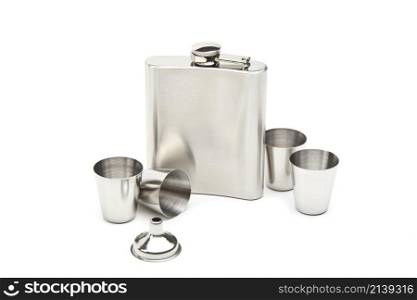 Hip flask and cups with white background. Hip flask and cups