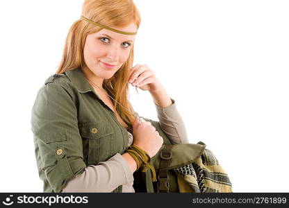 Hippie young woman in khaki outfit fashion portrait on white