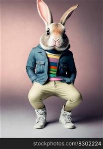Hipster bunny wearing clothes. Rabbit portrait. Generative ai