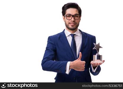 Hipster businessman receiving award isolated on white