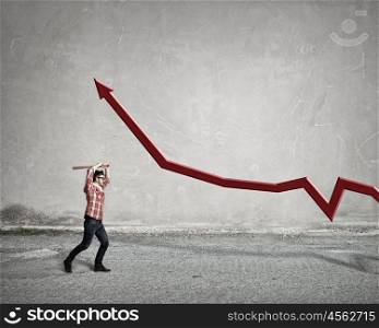 Hipster guy with bat. Furious hipster guy breaking growing graph with baseball bat