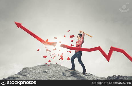 Hipster guy with bat. Furious hipster guy breaking growing graph with baseball bat