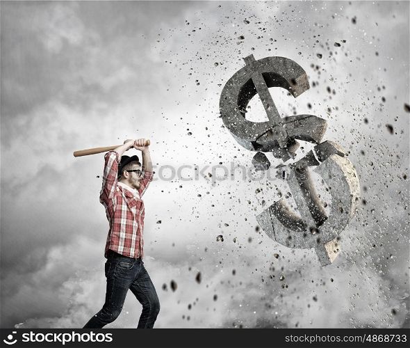 Hipster guy with bat. Furious hipster guy breaking with bat currency symbol