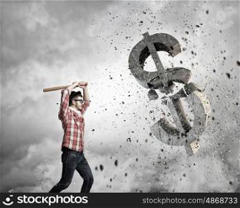 Hipster guy with bat. Furious hipster guy breaking with bat currency symbol