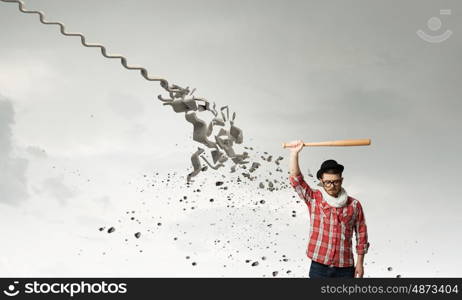 Hipster guy with bat. Hipster guy in checked shirt and hat with baseball bat