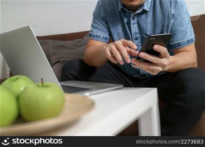 hipster hand using laptop compter and mobile payments online business,omni channel,sitting on sofa in living room,green apples in wooden tray