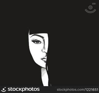 Hipster style girl character with long hair on in black and white drawing, A young beautiful asian woman, Asian cute girl avatar,Digital paint Kawaii Cartoon illustration