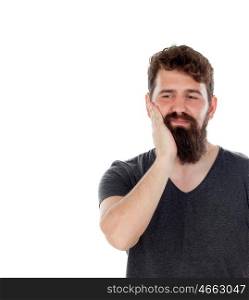 Hipster style man with toothache isolated on a white background