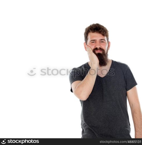 Hipster style man with toothache isolated on a white background