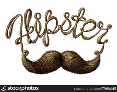 Hipster symbol as a mustache with facial hair shaped as letters representing a modern society subculture of independent thinking and fashion style or creative cultural aesthetic icon on a white background.