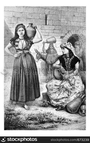 Hiram Wells in Tyre, in Lebanon, showing Tyrian Women with Jugs of Water, vintage engraved illustration. Le Tour du Monde, Travel Journal, 1881