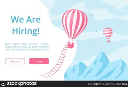 Hiring offer hot air balloon website illustration. Job offer message at landing web page vector template with red hot air balloon at blue mountain landscape for team vacancy recruitment advertisement. Hiring offer hot air balloon website illustration