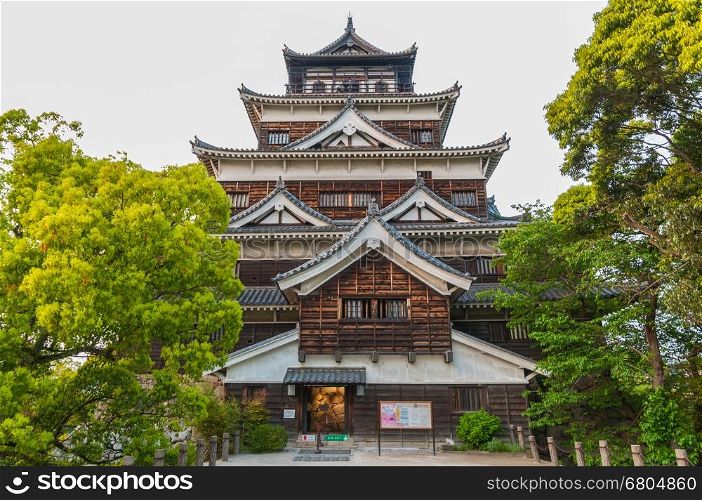 Hiroshima, Japan - August 28 2013: Sometimes called Carp Castle, Hiroshima Castle was built in the lat 16th century for the Daimyo. It was destroyed in the 1945 atomic bombing and rebuilt in 1958.