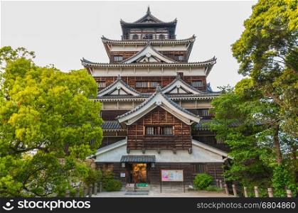 Hiroshima, Japan - August 28 2013: Sometimes called Carp Castle, Hiroshima Castle was built in the lat 16th century for the Daimyo. It was destroyed in the 1945 atomic bombing and rebuilt in 1958.