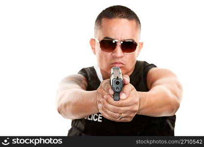 Hispanic Cop Aiming Pistol