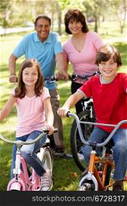 Hispanic family riding bikes in park