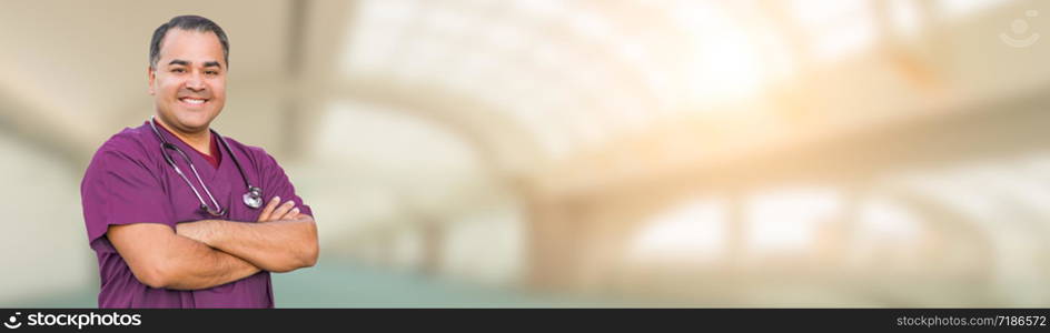 Hispanic Male Nurse Inside Hospital Building Banner.