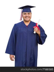 Hispanic Male With Deploma Wearing Graduation Cap and Gown Isolated.