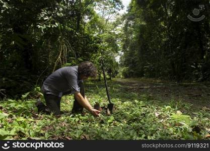 Hispanic man on his knees planting a small plant with a black shovel in a green field surrounded by trees during a sunny day. Hispanic man on his knees planting a small plant with a black shovel in a green field surrounded by trees