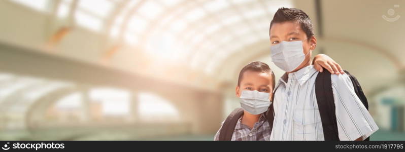 Hispanic Student Boys Wearing Face Masks with Backpack on School Campus Banner.