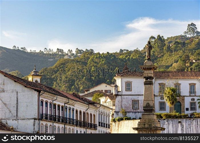 Historic buildings and monuments in the central square of the city of Ouro Preto in Minas Gerais state, Brazil. Historic buildings and monuments in the central square of the city of Ouro Preto