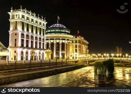 Historic buildings in Skopje in a beautiful summer night, Macedonia