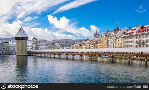 Historic city center of downtown Lucerne with Chapel Bridge and lake Lucerne in Switzerland