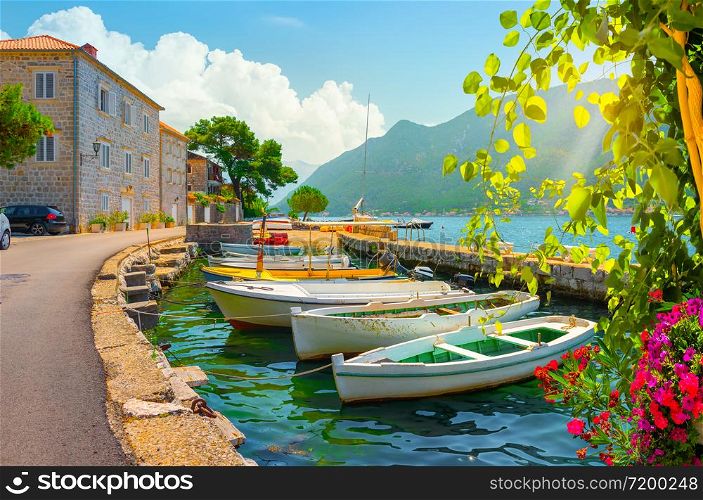 Historic city of Perast at Bay of Kotor in spring, Montenegro
